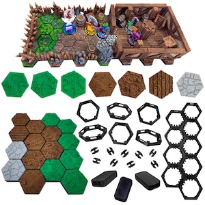 FLEX HEX Modular Map Tiles - 3D Terrain Floor Locking Hex Tiles Stone, Wood, Dirt, and Grass D&D, Gloomhaven, Frosthaven, Jaws of the Lion
