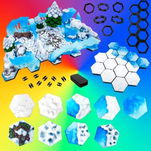 May include: A tabletop gaming terrain set featuring hexagonal tiles with snowy, icy, and frozen landscape textures. The set includes assembled terrain pieces with miniature trees, separate hexagonal tiles, black plastic connector rings, and small black clips.