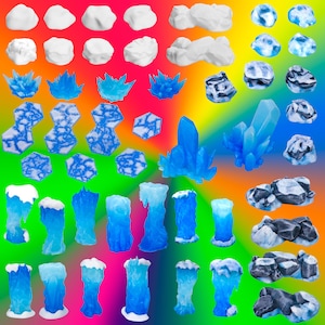 May include: A set of blue and white ice and rock terrain pieces for tabletop gaming. The set includes various shapes and sizes of ice crystals, rocks, and icicles.
