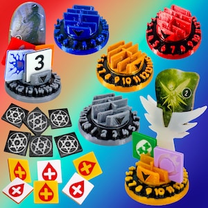 May include: A set of 10 colorful game pieces with different designs, including a butterfly, a star, and a number 3. The pieces are made of plastic and have a variety of colors, including red, blue, yellow, and gray. The pieces are arranged on a white background.