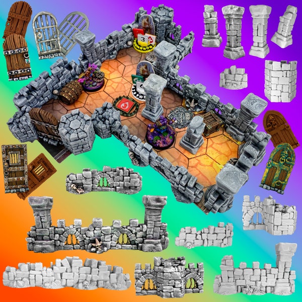 3D Printed Stone Walls, Doors, Columns, Gloomhaven Scatter Terrain, Dungeons and Dragons