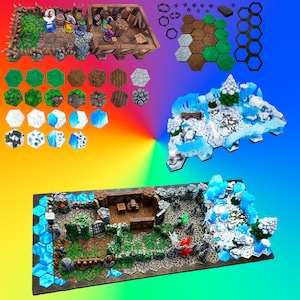 May include: A modular tabletop gaming terrain set featuring hexagonal tiles with various textures including grass, dirt, wood, stone, and ice. The set includes miniature walls, fences, and structures, allowing for customizable layouts for fantasy role-playing games.