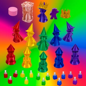 May include: A selection of brightly coloured game pieces, including miniature figures with hats and crowns, towers, and potion bottles. The pieces are in various colours like red, yellow, green, blue, and purple, set against a vibrant, rainbow-coloured background.