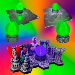 May include: A fantasy game set with a variety of terrain pieces, including a purple glowing orb, a green glowing orb, and a crystal structure. The set is made of 3D printed plastic and is designed for tabletop gaming.