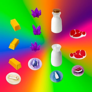 Könnte beinhalten: Eine Sammlung bunter Spielsteine, darunter lila Kristalle, Goldbarren, rote und weiße Fleischstücke sowie weiße Milchflaschen. Die Steine sind auf einem Regenbogenhintergrund angeordnet.