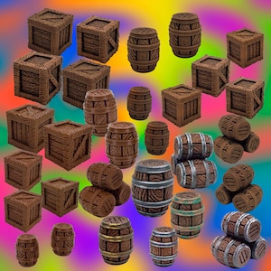 3D Gedruckte Holzkisten und Fässer - Miniatur Scatter Terrain für D&D, Gloomhaven