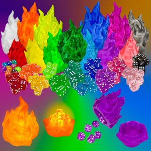 May include: A collection of colorful dice and flame-shaped containers. The dice are in various colors, including red, green, and purple, with white pips. The flames are in multiple colors, such as orange, blue, and pink. A fun and vibrant image.