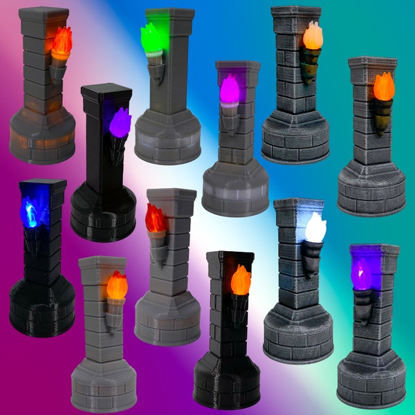 LED Torch Pillars with Flickering Light Up Flame Painted - Gloomhaven, Jaws of the Lion, D & D, Frosthaven, Dungeons and Dragons Accessories