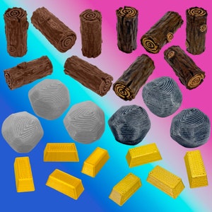 Puede incluir: Un conjunto de troncos de madera, piedras grises y negras y barras de oro. Los troncos son marrones y tienen una textura rugosa. Las piedras son lisas y tienen un aspecto natural. Las barras de oro son brillantes y tienen una forma rectangular.