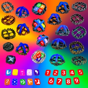 May include: A colorful collection of game pieces with numbers 1 through 9, and various symbols. The pieces are made of plastic and have a variety of colors, including red, blue, green, yellow, and orange.