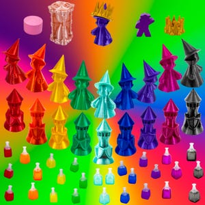 3D Wyrmspan Upgrade Set, Mage Meeples, Guild Towers, Potion Markers