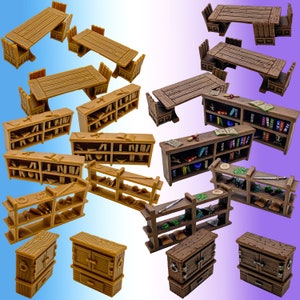 Puede incluir: Una colección de muebles y estanterías de madera en miniatura, pintados en un cálido color marrón. Los muebles incluyen mesas, sillas y armarios, todos con intrincados detalles. Las estanterías están llenas de libros en miniatura, lo que añade un toque de realismo a la escena.