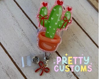 Valentine Cactus Badge Reel | Heart Succulent Acrylic ID Holder | Cute Badge Reel for Work or School