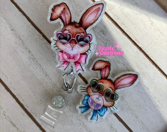 Bunny Badge Reel: Acrylic Topper, Alligator Clip - Spring Easter