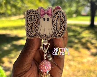 Cute Boo Ghost Badge Reel with Beads  | Spooky Halloween Badge Reel  Reel | Halloween Gift  | Cute Ghost Badge Reel