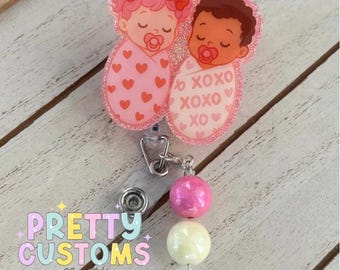 Beaded Valentine Swaddled Baby Badge Reel | Bundled Baby Acrylic Badge Reel | Nurse & Pediatric ID Holder Gift