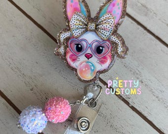 Bunny Badge Reel Holder, Spring Easter Acrylic Topper, Retractable Clip