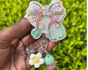 Beaded Bow Badge Reel: Retractable Alligator Clip ID Holder