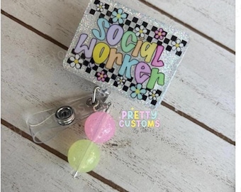 Social Worker Badge Reel, Badge Gift,  Beaded Social Worker, Medical Social Worker, ID Holder, Social Work, Permanent, Interchangeable