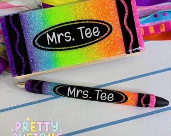 Neon Crayon Pen or Neon Crayon Dry Erase Eraser | Personalized Glitter Teacher Gift |  Classroom Desk Accessory