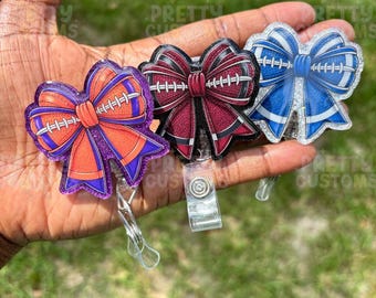 College & Pro Football Bow Badge Reel | Team Spirit Badge Reel | Sports Bow Badge Reel | Resin Sealed Badge Reel | Nurse Teacher Gift