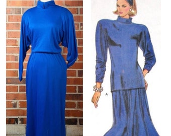 Vintage 1980s blue, Size 12/14 Mock neck, dolman sleeved knit dress with pockets & shoulder pads | day to night knit blue classy 80s dress