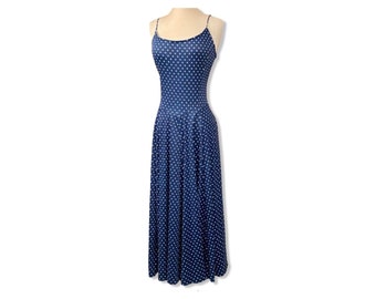 Vintage 1980er-Jahre, 1950er-Jahre-Strick-Maxikleid mit marineblauem Polka-Dot-Vollrock - 1980er-Tanktop-Kleid, Slip-Kleid, 80er-Jahre-Maxikleid in Größe 12