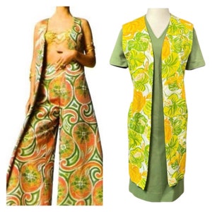Vintage 60s groovy sheath dress with long floral vest, size 12 vintage green v-neck sheath dress with long floral open vest, 60s hippy dress image 1
