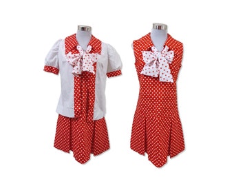 Vintage 1970s pussycat bow dress set, 70s polka dot dress set, 70s secretary dress and jacket, 70s red and white scooter outfit, size 8