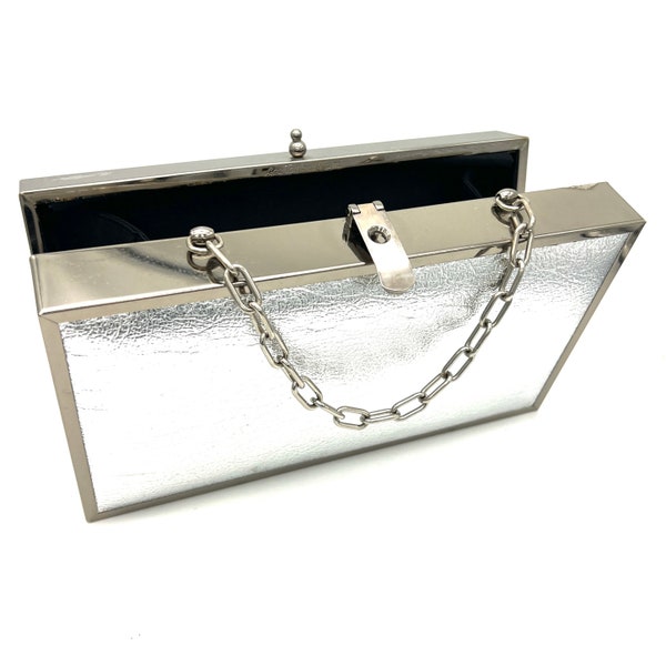 Vintage 1960s large MOD rectangle silver box bag, 60s silver lame and metal  large box handbag w attached coin purse, silver mod square bag