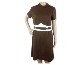 Vintage 1960s Designer Dress, Mod Dress, office dress, 60s brown and cream double knit dress with silver accents