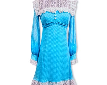 Vintage 1960s Mod Dress, 60s lace bib dress, 1960s long sleeve twiggy dress, 60s short prairie dress, 60s mini dress, 69s ruffle mod dress
