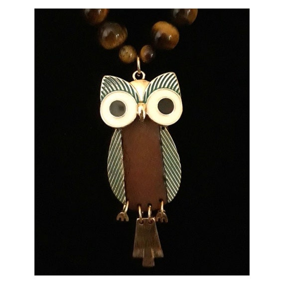 Vintage 1960s Enameled Boho Owl Pendant Necklace,… - image 2