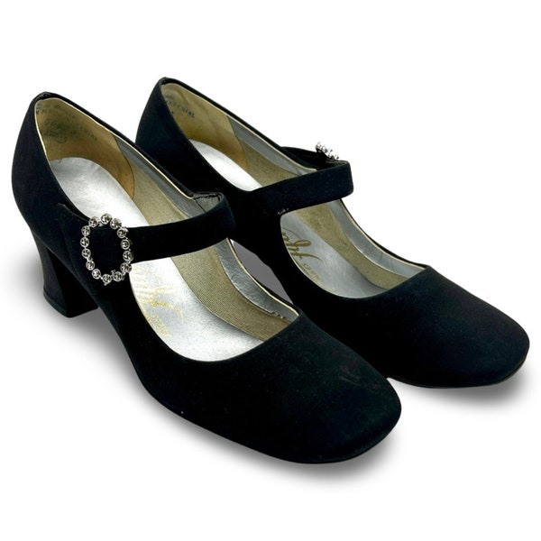 Black Vintage 1960s MOD shoe - 60s Mod Mary Janes chunky Heel Mod Shoes - Size 6.5 - black Mary Jane with rhinestone buckles