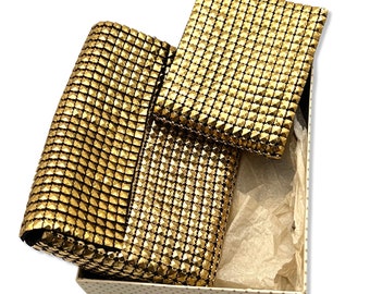 1950s gold clutch and wallet set in original box,  gold purse and wallet, 50s gold chainmail handbag w billfold, 1950s gold purse set