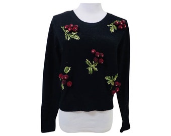 Vintage 1960s Embroidered Beaded Cherries Lambswool Sweater, Size small 60s black and red cherry sweater, black wool black cherries sweater