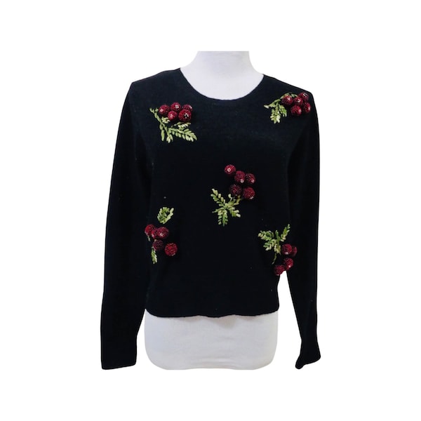 Vintage 1960s Embroidered Beaded Cherries Lambswool Sweater, Size small 60s black and red cherry sweater, black wool black cherries sweater