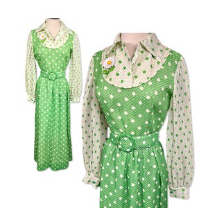 Vintage 1960s Hostess Maxi Dress, 60s green polka dot maxi dress, 60s belted long dress, 60s long hostess dress image 7