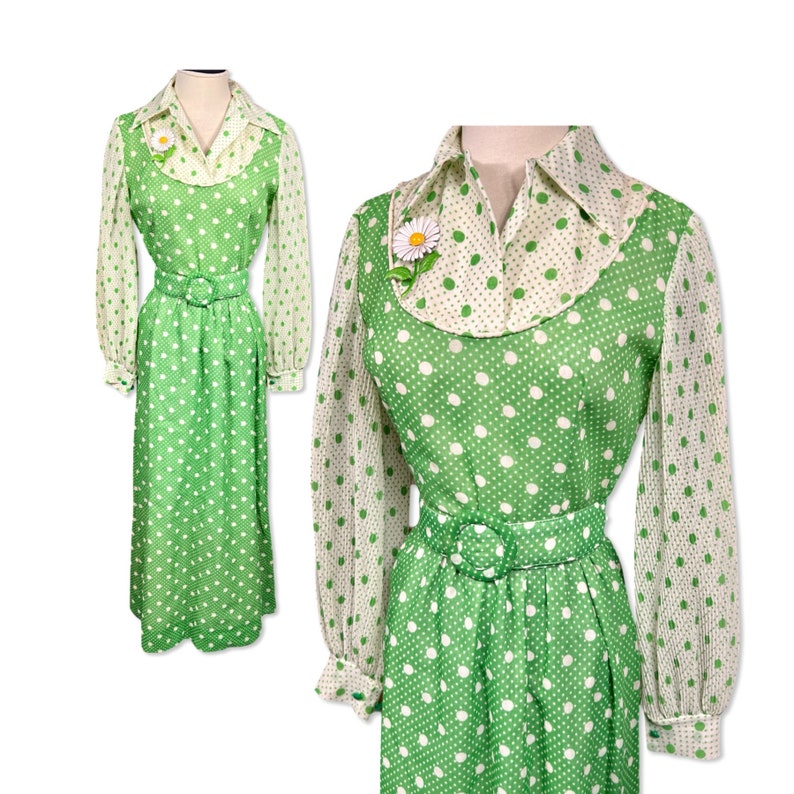 Vintage jaren 1960 Hostess Maxi Jurk, jaren '60 groene polka dot maxi jurk, jaren '60 lange jurk met riem, jaren '60 lange gastvrouw jurk afbeelding 7