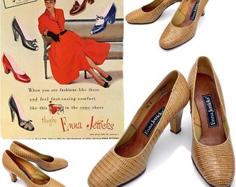 Vintage 1940s/1950s Dead Stock Pumps, 50s brown leather Ennie Jetticks Never worn heels, early 1950s ladies shoes pumps high heels