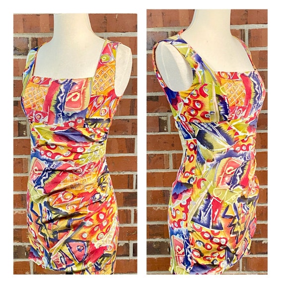 Vintage 1990s size 4 silk dress, 90s colorful clu… - image 8