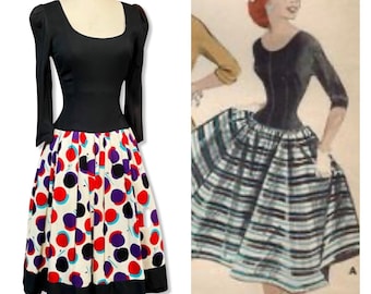 1950s Dress, 50s circle skirt, 50s drop waist dress, 50s graphic print dress, 1950s cocktail dress, 50s full skirt, 50s Party dress