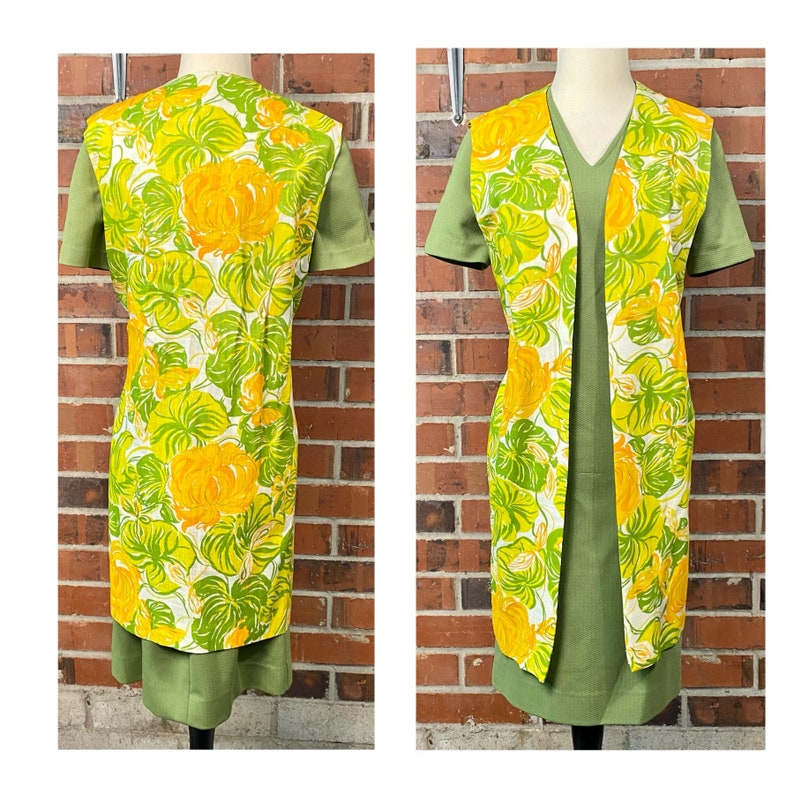 Vintage 60s groovy sheath dress with long floral vest, size 12 vintage green v-neck sheath dress with long floral open vest, 60s hippy dress image 10