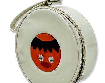 Vintage 1960s Novelty box bag, 60s anthropomorphic box bag, 60s florida themed bag, 60s unique round purse, 60s winking face small handbag,