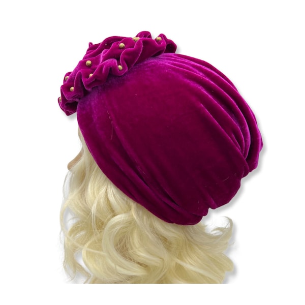 Vintage 1970s Velvet Turban,70s fuschia turbans, 70s stretch turban, 70s elongated turban, long hair turban,