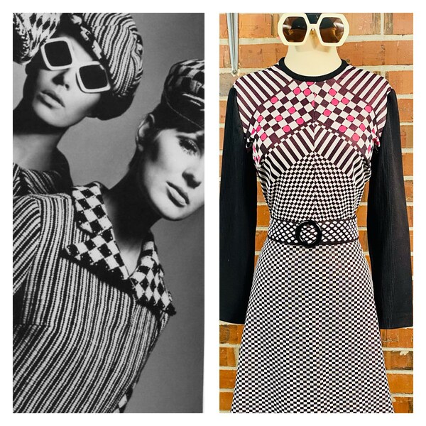 Vintage 1960er MOD Kleid, super süßes 60er Mod Skater Kleid, 60er schwarz weiß Mod l Kleid, cooles Mod Vintage Kleid Gr. 10/12c kariert Mod