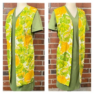 Vintage 60s groovy sheath dress with long floral vest, size 12 vintage green v-neck sheath dress with long floral open vest, 60s hippy dress image 6