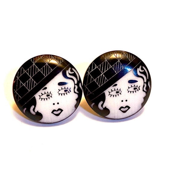 Vintage 1920s flapper girl button earrings from t… - image 3