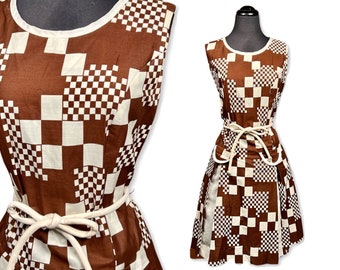 Vintage 1960 scooter dress, 60s mod dress, 60s drop waist dress, size 12 dress, twiggy dress, brown print dress, 60s casual dress, mod print