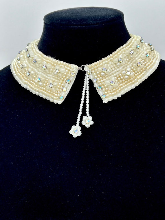 Vintage 1950s beaded collar, cream ivory beaded c… - image 10